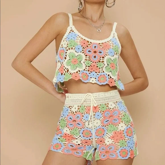 Crochet top shorts 2 PCS matching set floral green blue white beach cove… - Picture 1 of 3